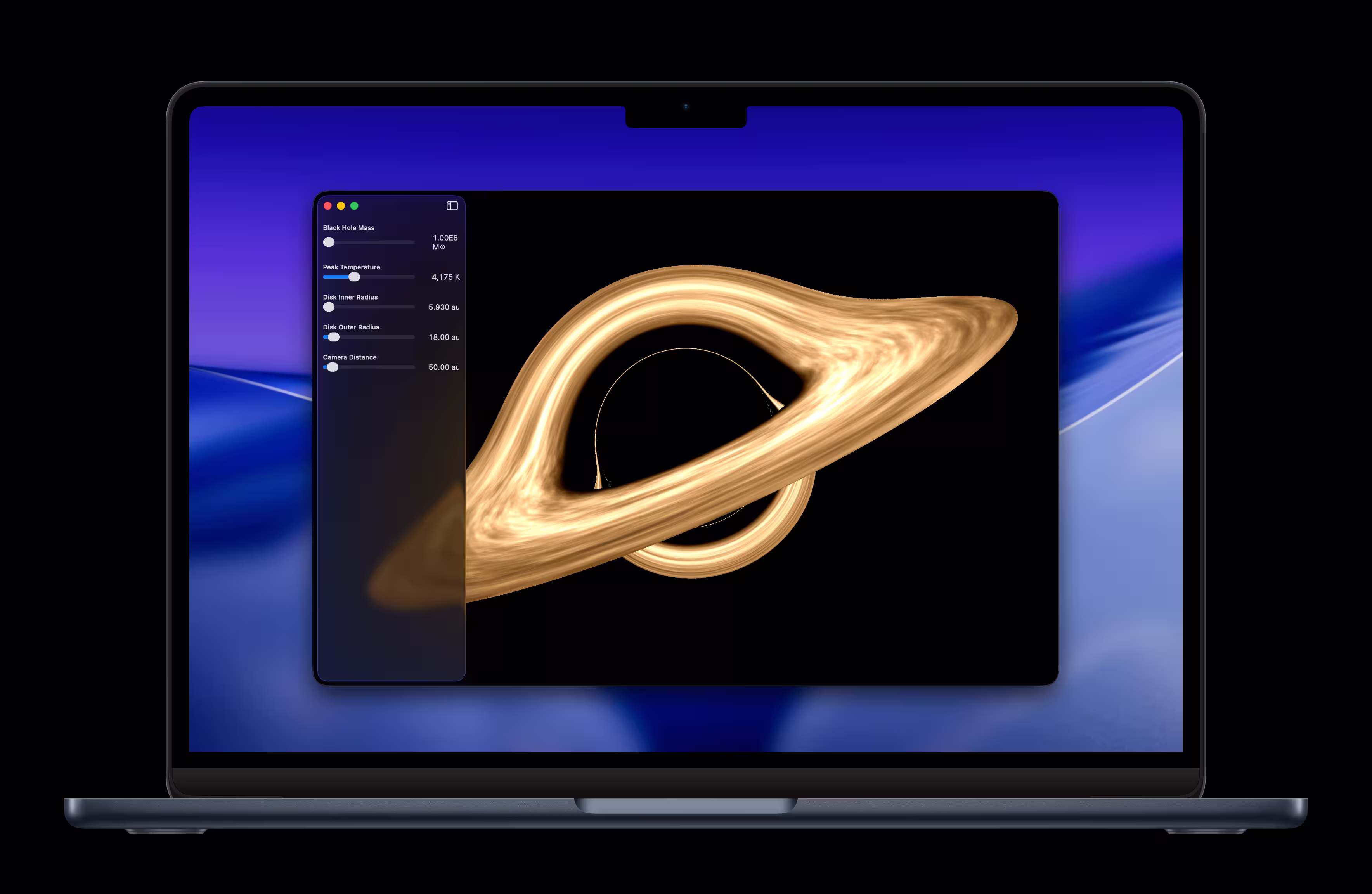 An app running on a MacBook Air. The app is rendering a black hole surrounded by a disk of hot gas that is distorted by gravitational lensing.