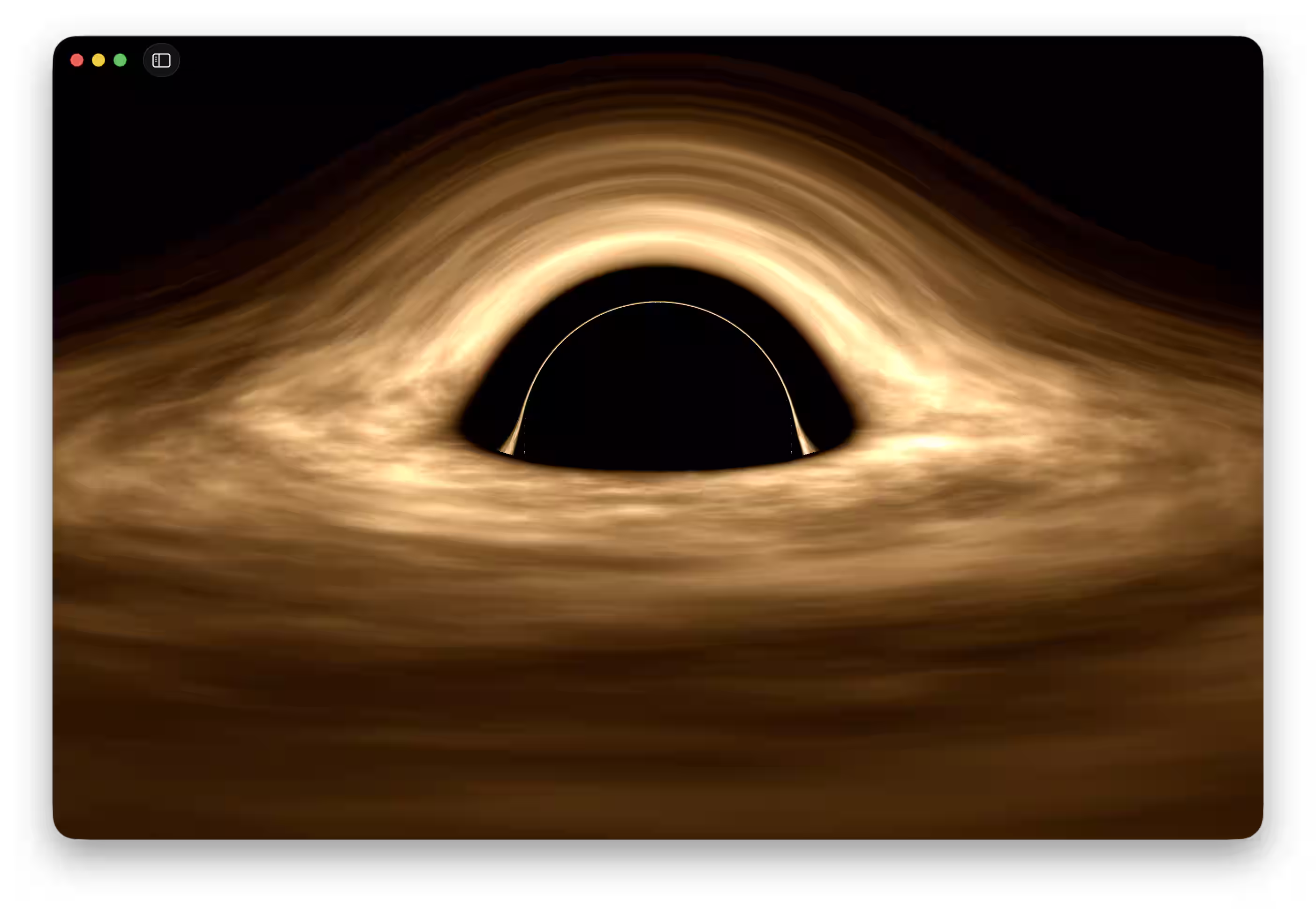 An app rendering a closeup shot of a black hole with an accretion disk.