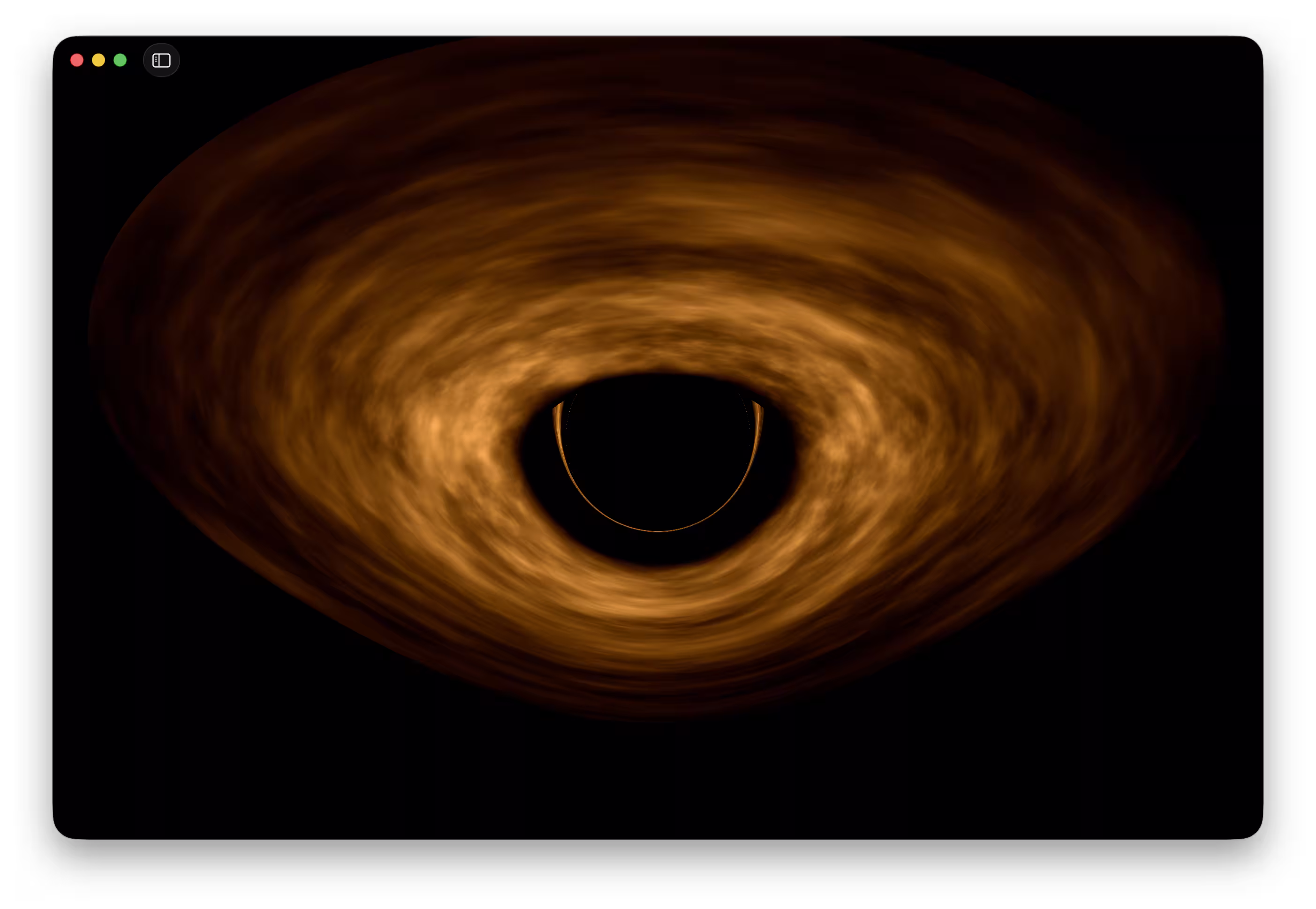 An app rendering a black hole from below with a more dim accretion disk.